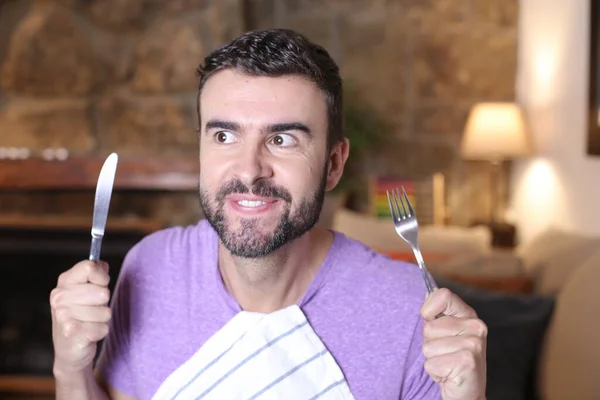 Close Portrait Handsome Young Man Holding Fork Knife Home — Fotografia de Stock