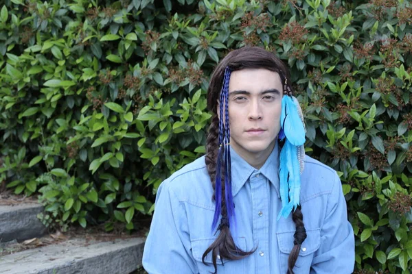 Close Portrait Handsome Young Man Indian Hairstyle Feathers — Stock Photo, Image