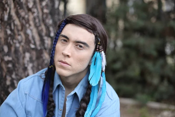 Close Portrait Handsome Young Man Indian Hairstyle Feathers — Stock Photo, Image