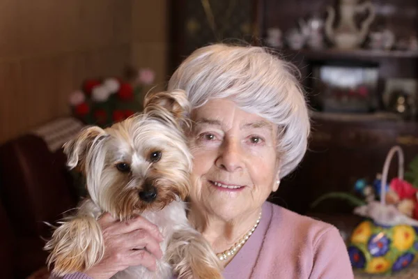 Yetişkin Bir Kadının Evde Yorkshire Köpeğiyle Yakın Plan Portresi — Stok fotoğraf