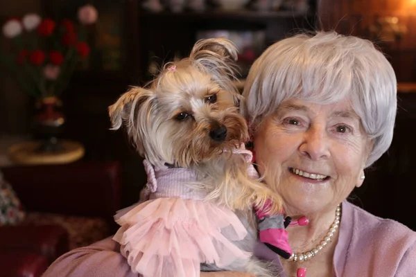 Yetişkin Bir Kadının Evde Yorkshire Köpeğiyle Yakın Plan Portresi — Stok fotoğraf