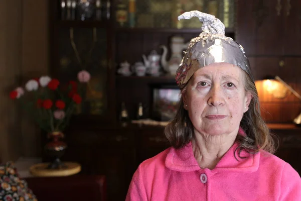 Close Portrait Mature Woman Aluminum Foil Hat Home — Φωτογραφία Αρχείου
