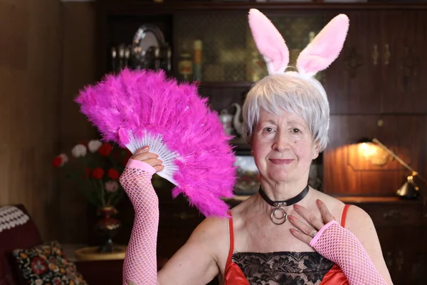 Primer Plano Retrato Mujer Madura Lencería Con Orejas Conejo Ventilador —  Fotos de Stock