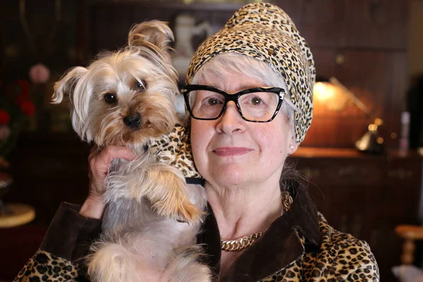 Close Portrait Mature Woman Holding Her Adorable Yorkshire Terrier Puppy — Stok fotoğraf