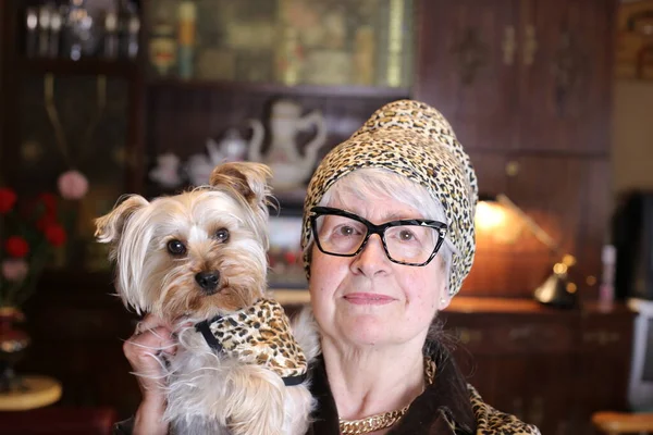 Close Portrait Mature Woman Holding Her Adorable Yorkshire Terrier Puppy — Stockfoto