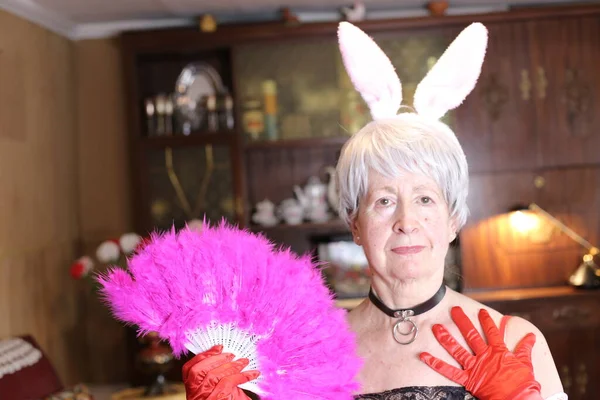 Close Portrait Mature Woman Lingerie Bunny Ears Handheld Fan Feather — Stock Photo, Image