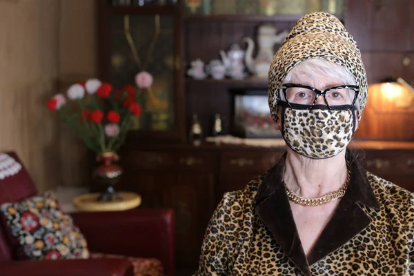Close Portrait Mature Woman Leopard Pattern Jacket Breath Mask Hat — Zdjęcie stockowe