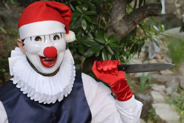 Närbild Porträtt Människan Clown Mask Och Kostym Parken — Stockfoto