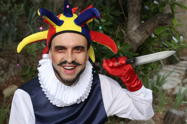 Close Portrait Young Man Joker Hat Costume Park — Stock Photo, Image