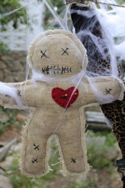 Örümcek ağıyla kaplı vudu bebeğinin yakın plan çekimi.