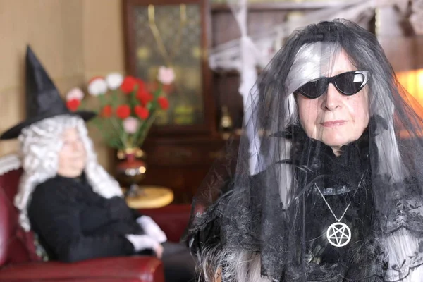 Ritratto Due Donne Mature Costumi Halloween Casa — Foto Stock