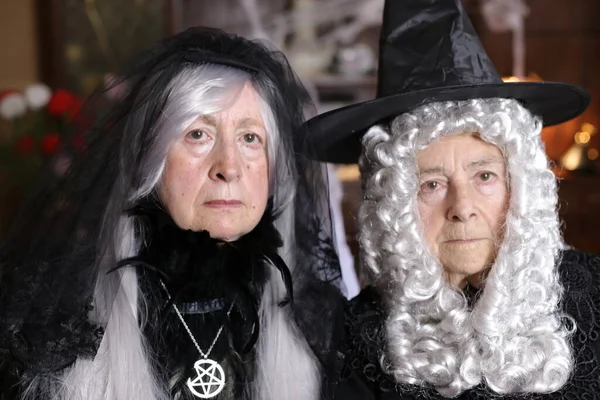 Портрет Двух Зрелых Женщин Костюмах Хэллоуин Дома — стоковое фото