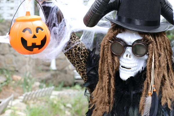 Retrato Cerca Persona Máscara Halloween Miedo Celebración Jack Lantern — Foto de Stock