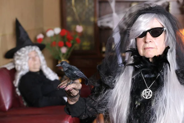 Portrait Two Mature Women Halloween Costumes Home Woman Holding Black — Stok Foto