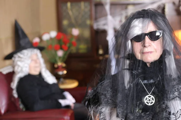 Ritratto Due Donne Mature Costumi Halloween Casa — Foto Stock