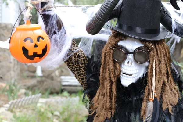 Retrato Cerca Persona Máscara Halloween Miedo Celebración Jack Lantern — Foto de Stock