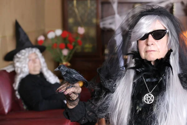 Ritratto Due Donne Mature Costumi Halloween Casa Donna Con Corvo — Foto Stock