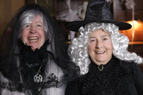 Portrét Dvou Dospělých Žen Halloweenských Kostýmech Doma — Stock fotografie