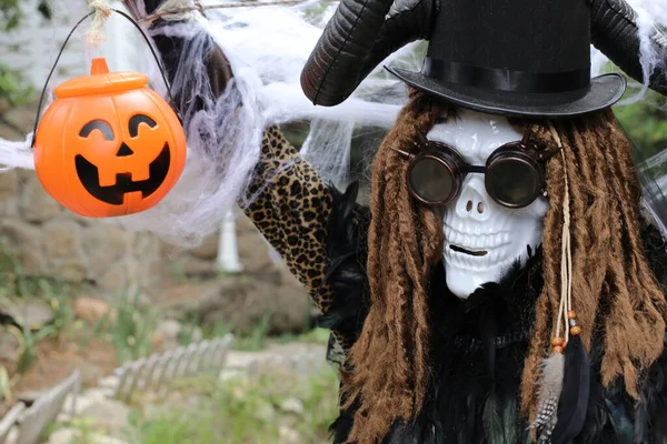 Retrato Cerca Persona Máscara Halloween Miedo Celebración Jack Lantern —  Fotos de Stock