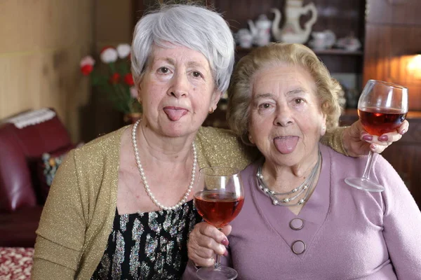 赤ワインを飲みながら家で2人の大人の女性の肖像画です — ストック写真