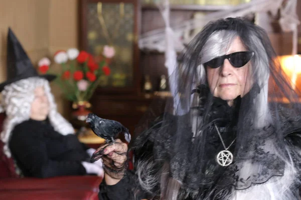 Retrato Dos Mujeres Maduras Disfraces Halloween Casa Mujer Sosteniendo Cuervo — Foto de Stock