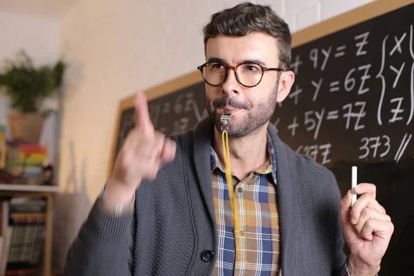 Close Portrait Handsome Young Teacher Coach Whistle Chalk Front Blackboard — Stock Photo, Image