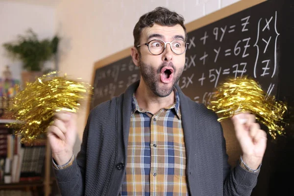 Primer Plano Retrato Guapo Joven Profesor Con Pompones Porrista Delante —  Fotos de Stock