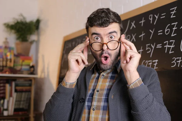 Close Portrait Emotional Young Teacher Eyeglasses Front Blackboard Classroom — Stock Photo, Image