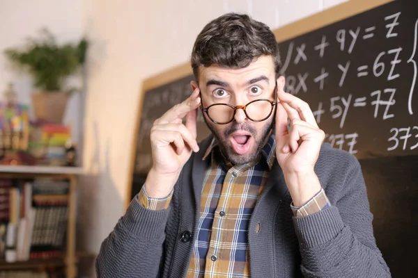 Close Portrait Emotional Young Teacher Eyeglasses Front Blackboard Classroom — Stock Photo, Image