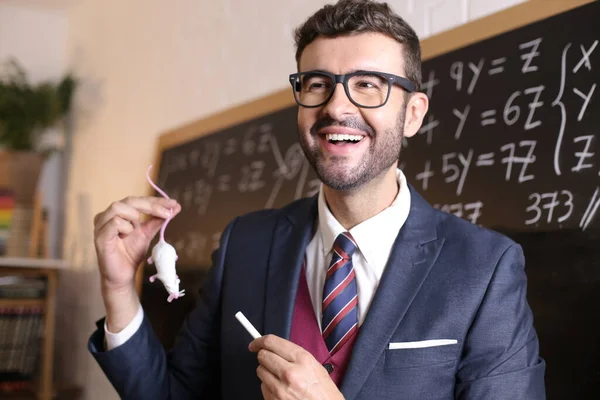 Close Portrait Handsome Young Teacher Chalk White Mouse Front Blackboard — Stock Photo, Image