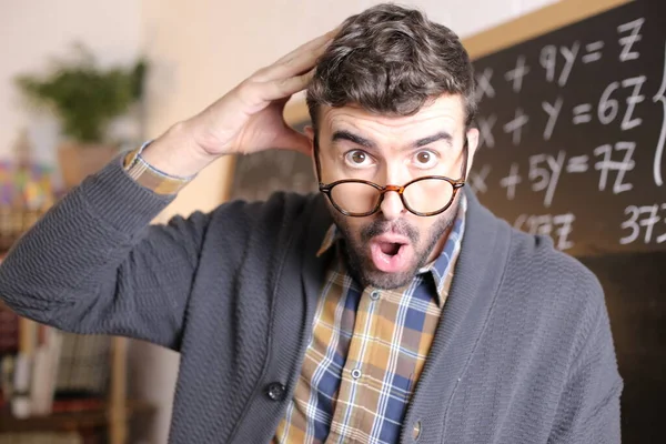 Close Portrait Emotional Young Teacher Eyeglasses Front Blackboard Classroom — Stock Photo, Image