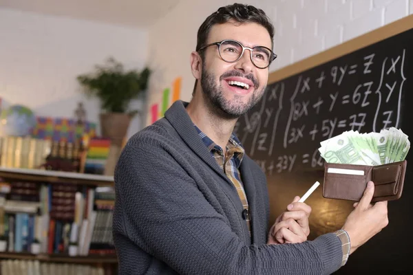 Close Portrait Handsome Young Teacher Holding Wallet Full Cash Front — Foto de Stock