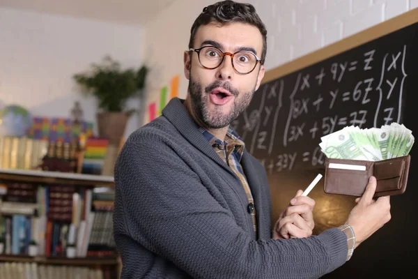 Close Portrait Handsome Young Teacher Holding Wallet Full Cash Front —  Fotos de Stock