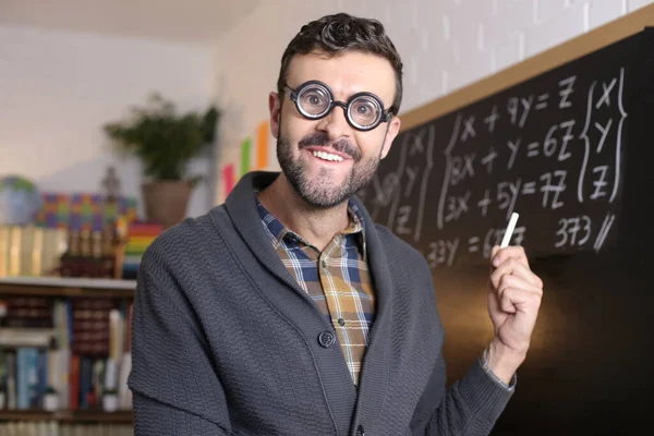 Close Portrait Handsome Young Teacher Funny Eyeglasses Holding Chalk Front — Photo