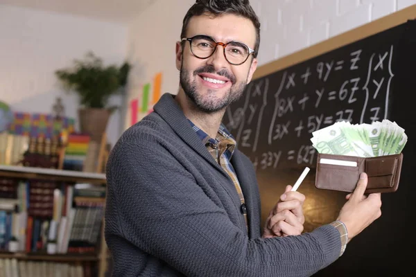 Close Portrait Handsome Young Teacher Holding Wallet Full Cash Front — Zdjęcie stockowe