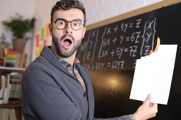 Close Portrait Handsome Young Teacher Suit Holding Burning Paper Front — Stock Photo, Image