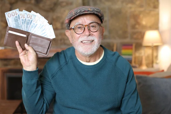 Close Portrait Handsome Senior Man Holding Wallet Full Cash Home — Stock Photo, Image