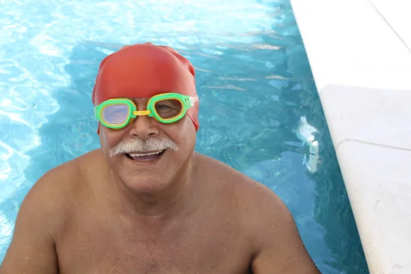Portrait Mature Man Rubber Swimming Hat Goggles Pool Sunny Summer — Stock Photo, Image