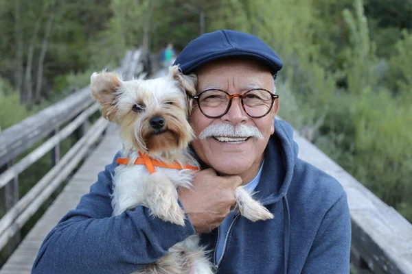 Parktaki Tahta Yaya Köprüsünde Köpeğiyle Yakışıklı Bir Ihtiyarın Yakın Plan — Stok fotoğraf