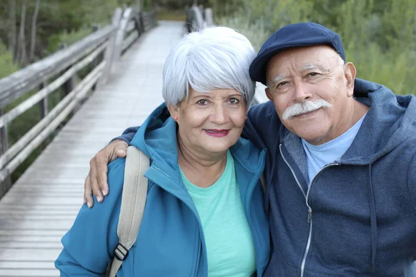 Retrato Hermosa Pareja Ancianos Aire Libre Naturaleza —  Fotos de Stock