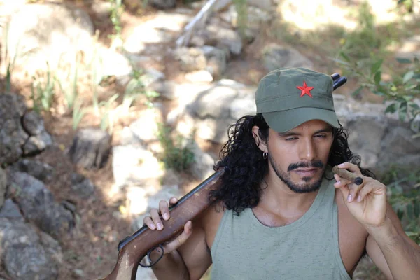 Close Retrato Belo Jovem Misto Homem Raça Uniforme Exército Com — Fotografia de Stock