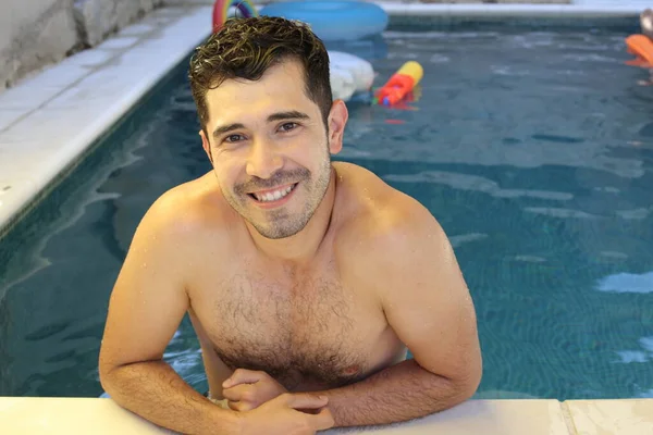 Close Portrait Handsome Young Shirtless Man Pool — Stock Photo, Image
