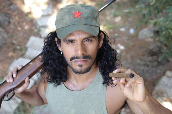 Close Retrato Belo Jovem Misto Homem Raça Uniforme Exército Com — Fotografia de Stock