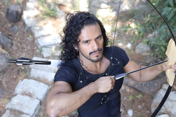 Close Retrato Bonito Jovem Misto Homem Raça Com Arco Flecha — Fotografia de Stock