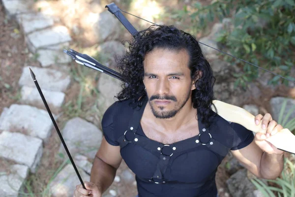 Close Retrato Bonito Jovem Misto Homem Raça Com Arco Flecha — Fotografia de Stock