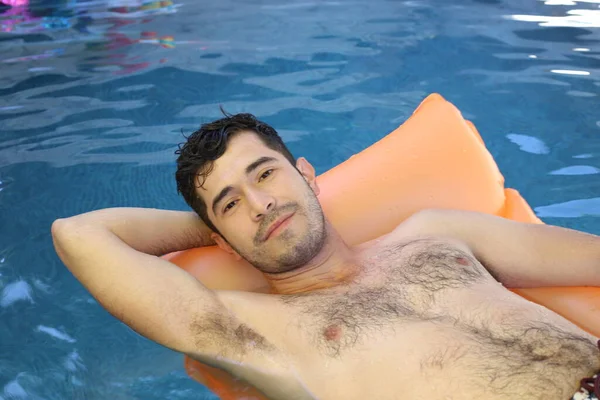 Close Portrait Handsome Young Shirtless Man Lying Inflatable Mattress Pool — Stock Photo, Image