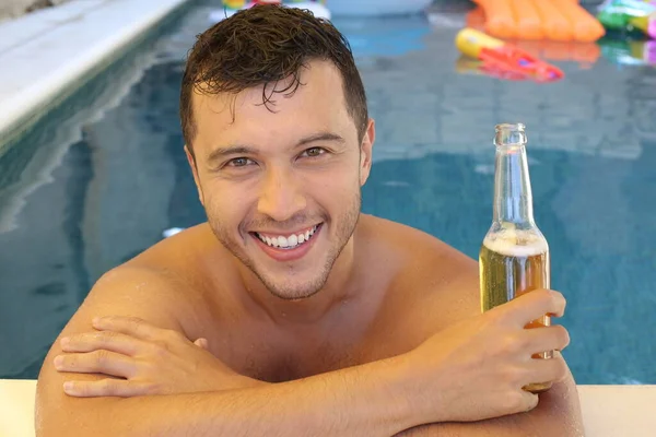 Close Portrait Handsome Young Shirtless Man Bottle Beer Pool — Stock Photo, Image