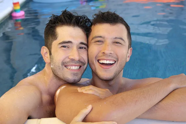 Happy Young Gay Couple Enjoying Time Together Pool — Stock Photo, Image