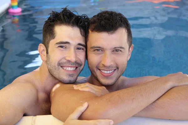 Happy Young Gay Couple Enjoying Time Together Pool — Stock Photo, Image