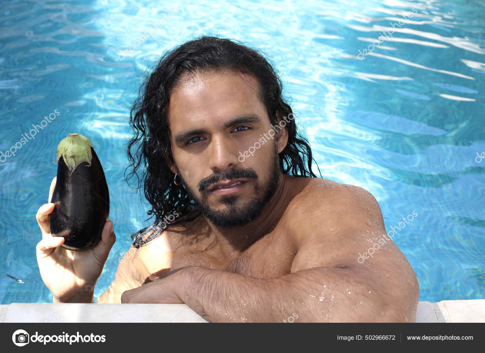 Close Portrait Handsome Young Mixed Race Shirtless Man Holding Eggplant